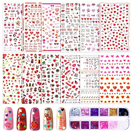 12 Sheets Valentine's Day Nail Art Stickers