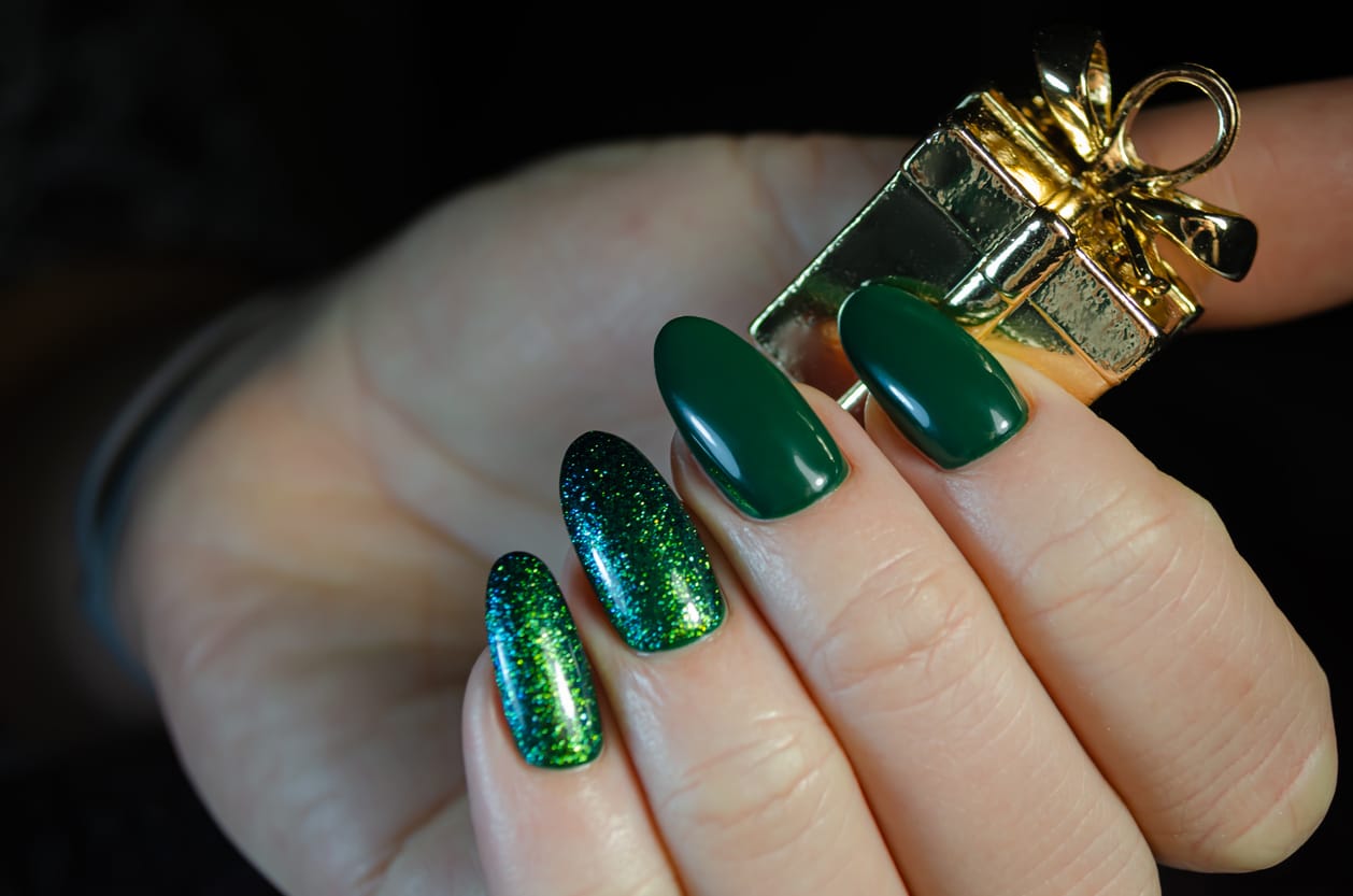 Army Green Nails With Glitter