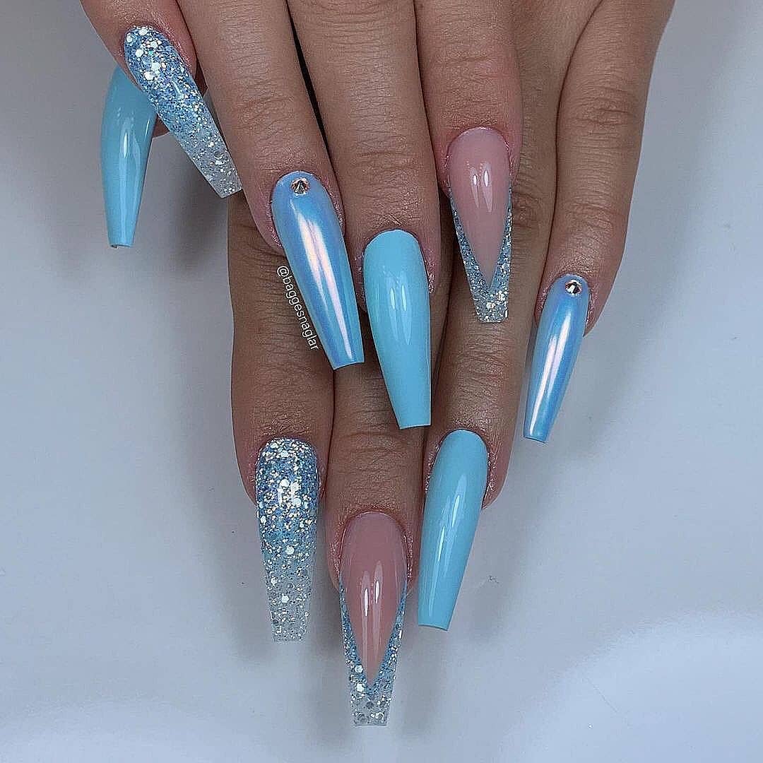 Baby Blue Nails With Glitter