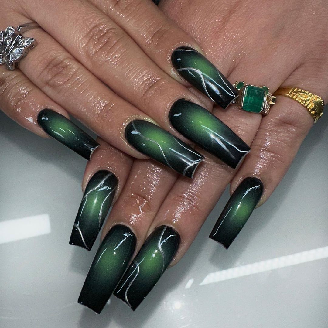 Black And Green Acrylic Nails