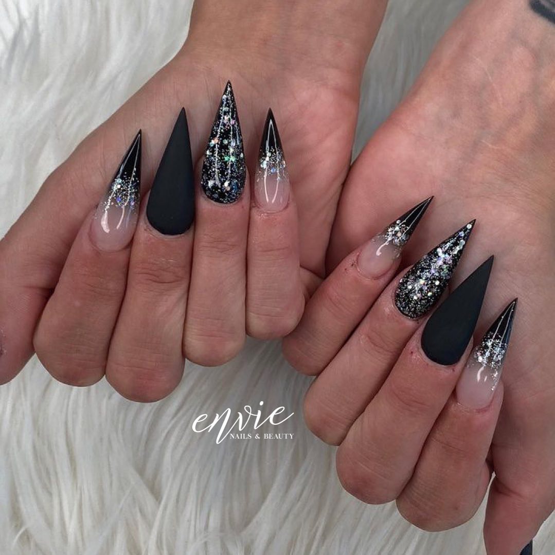 Black And Silver Stiletto Nails
