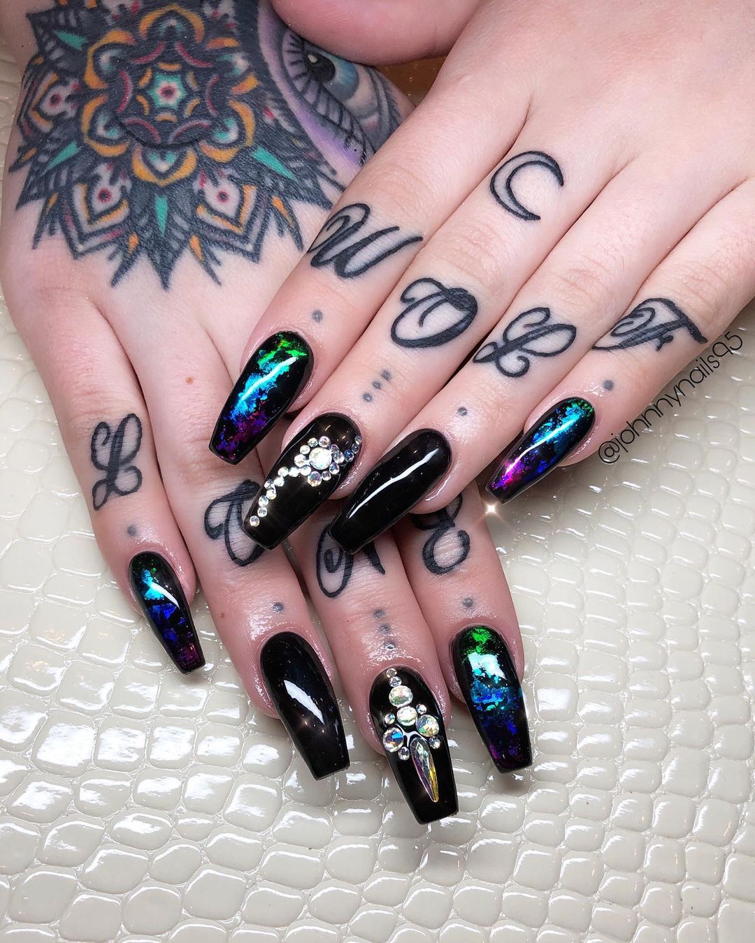 Black Coffin Nails With Diamonds