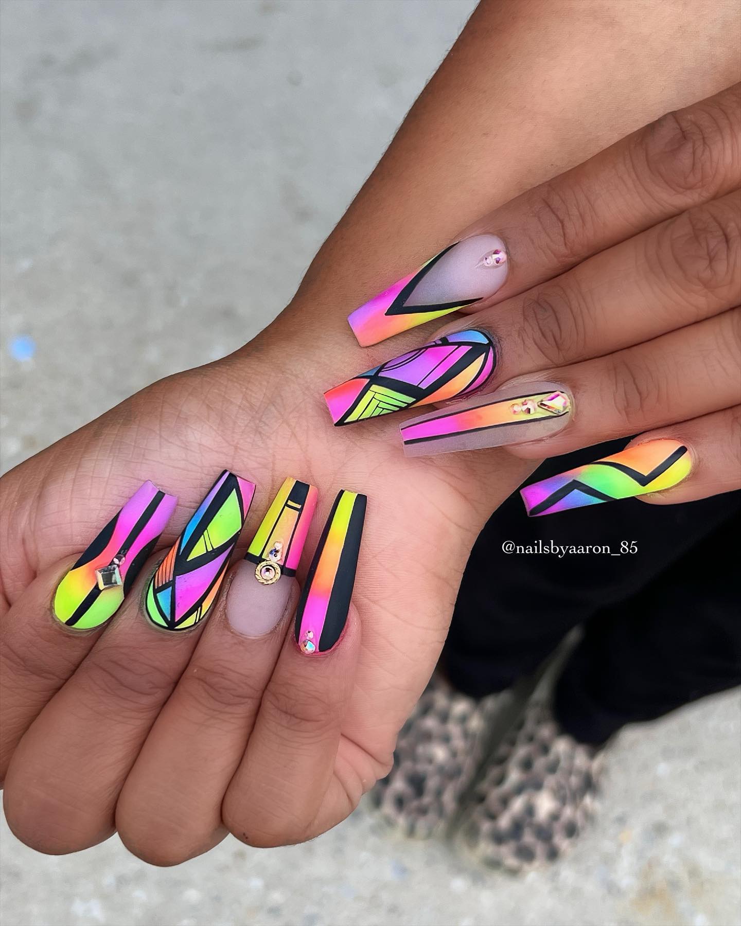 Black Nails With Vibrant Neon Accents