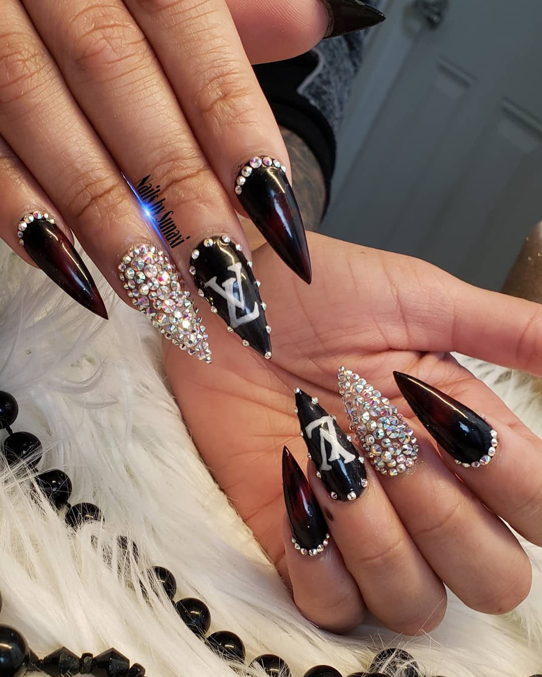 Black Stiletto Nails With Diamonds