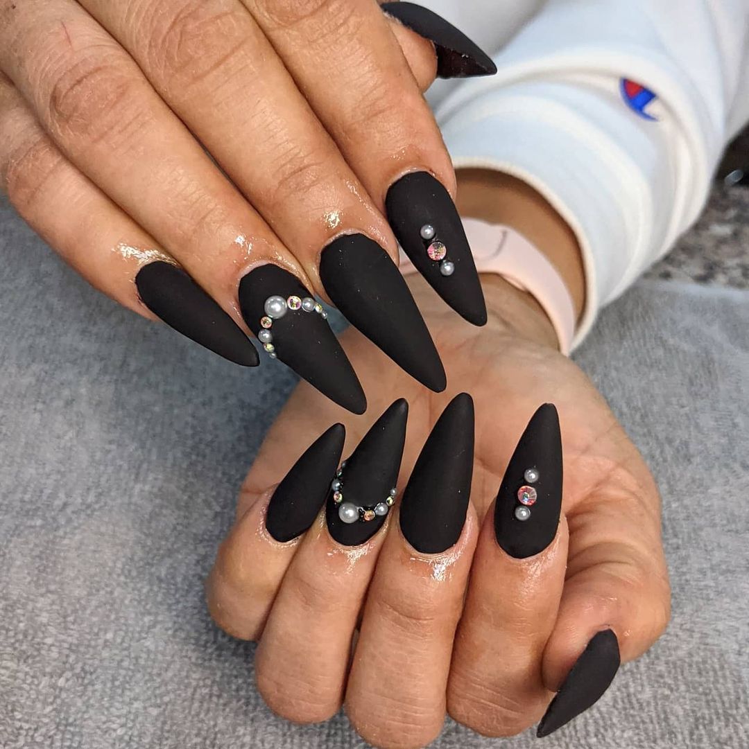 Black Stiletto Nails With Rhinestones
