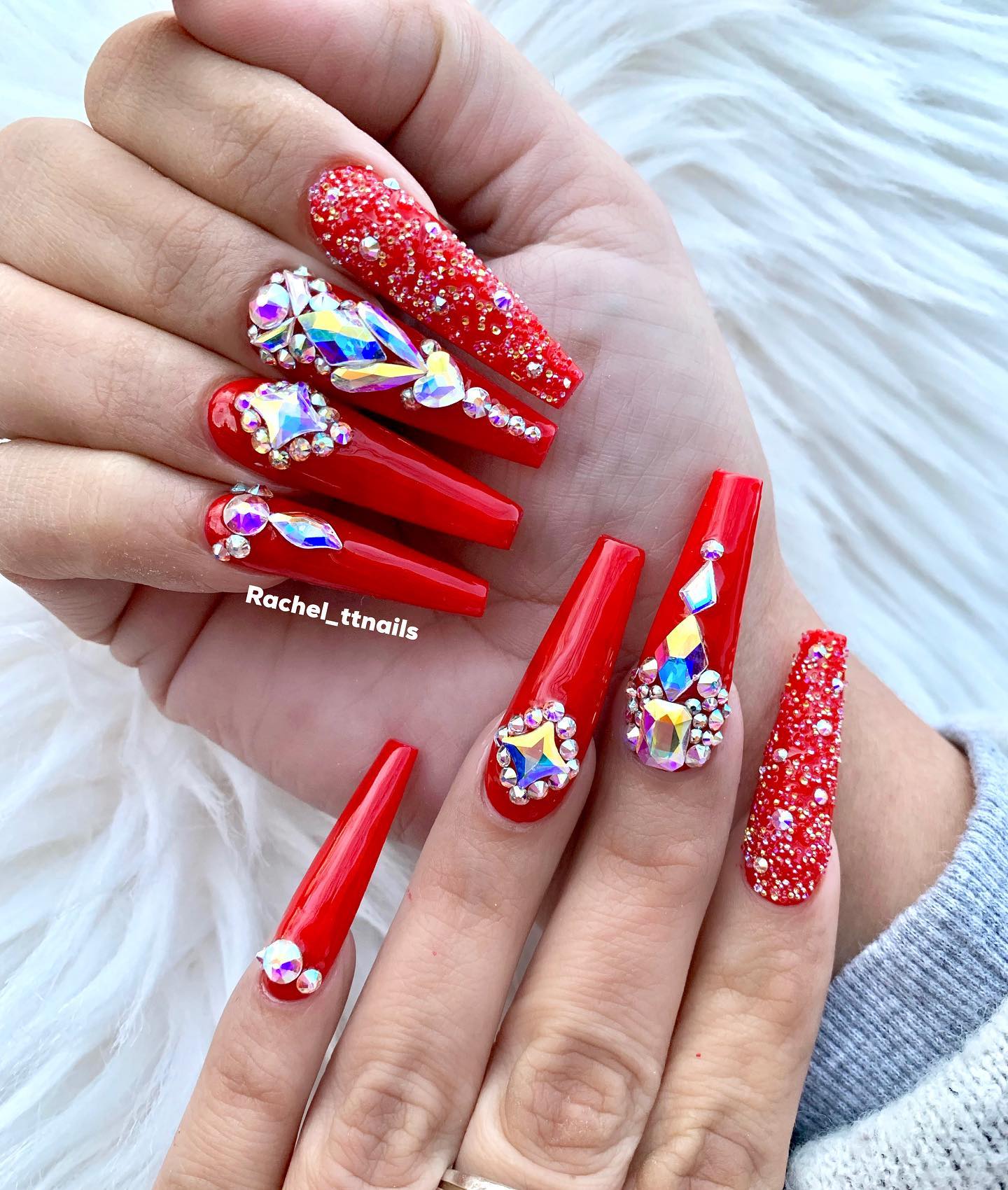Bling Red Coffin Nails With Rhinestones