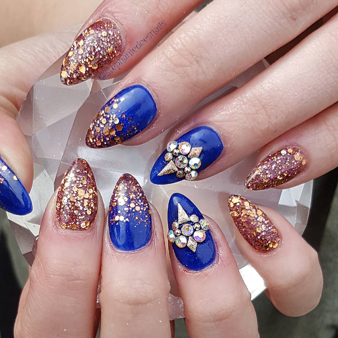 Blue and Rose Gold Nails