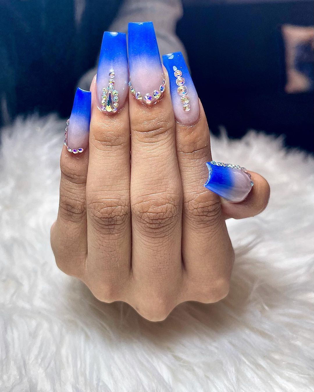 Blue Ombre Nails with Diamonds