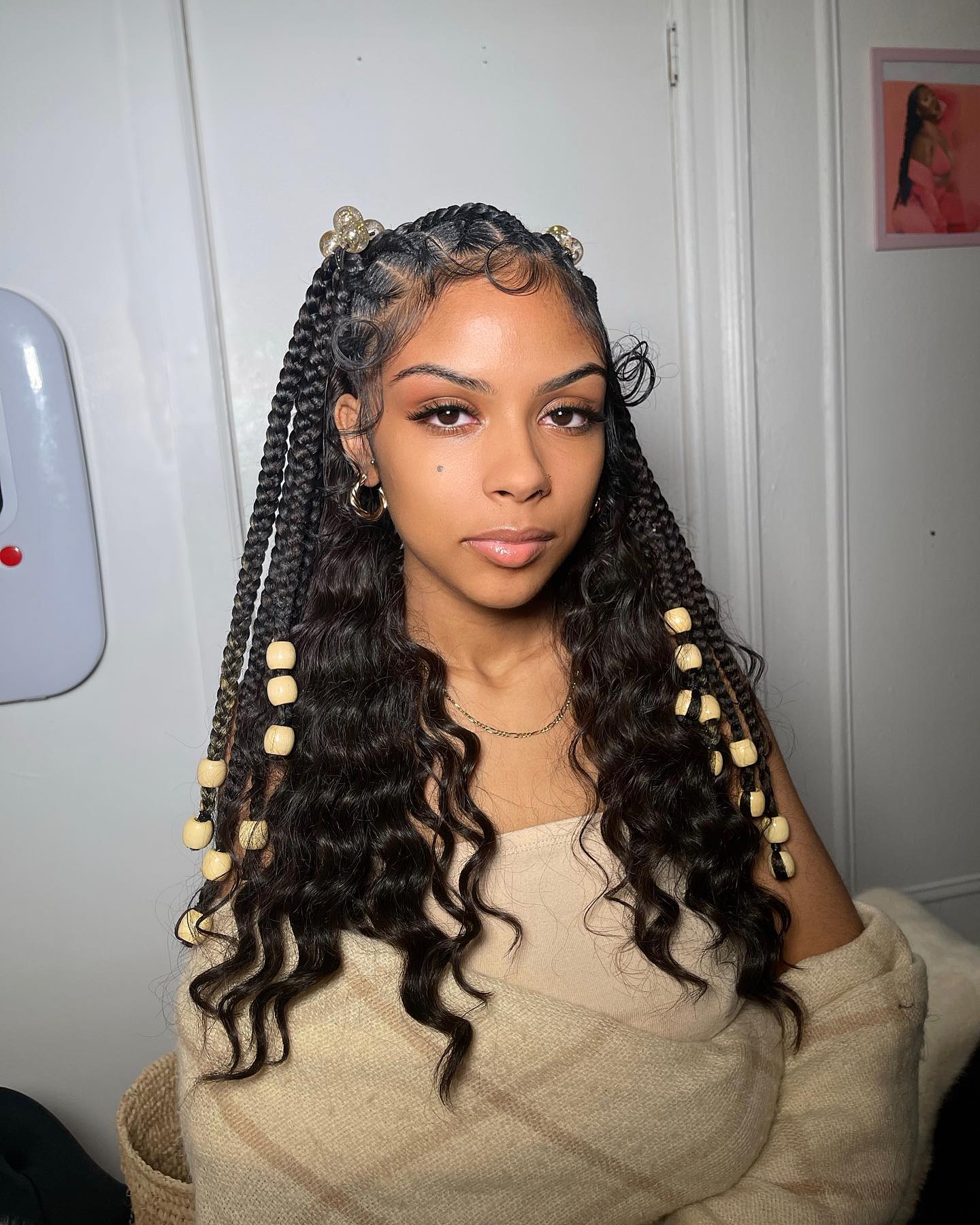 Box Braids with Curls and Beads