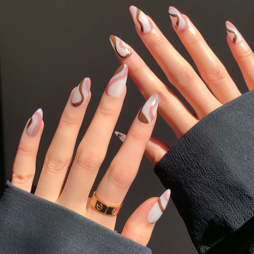 Brown and White Almond Acrylic Nails