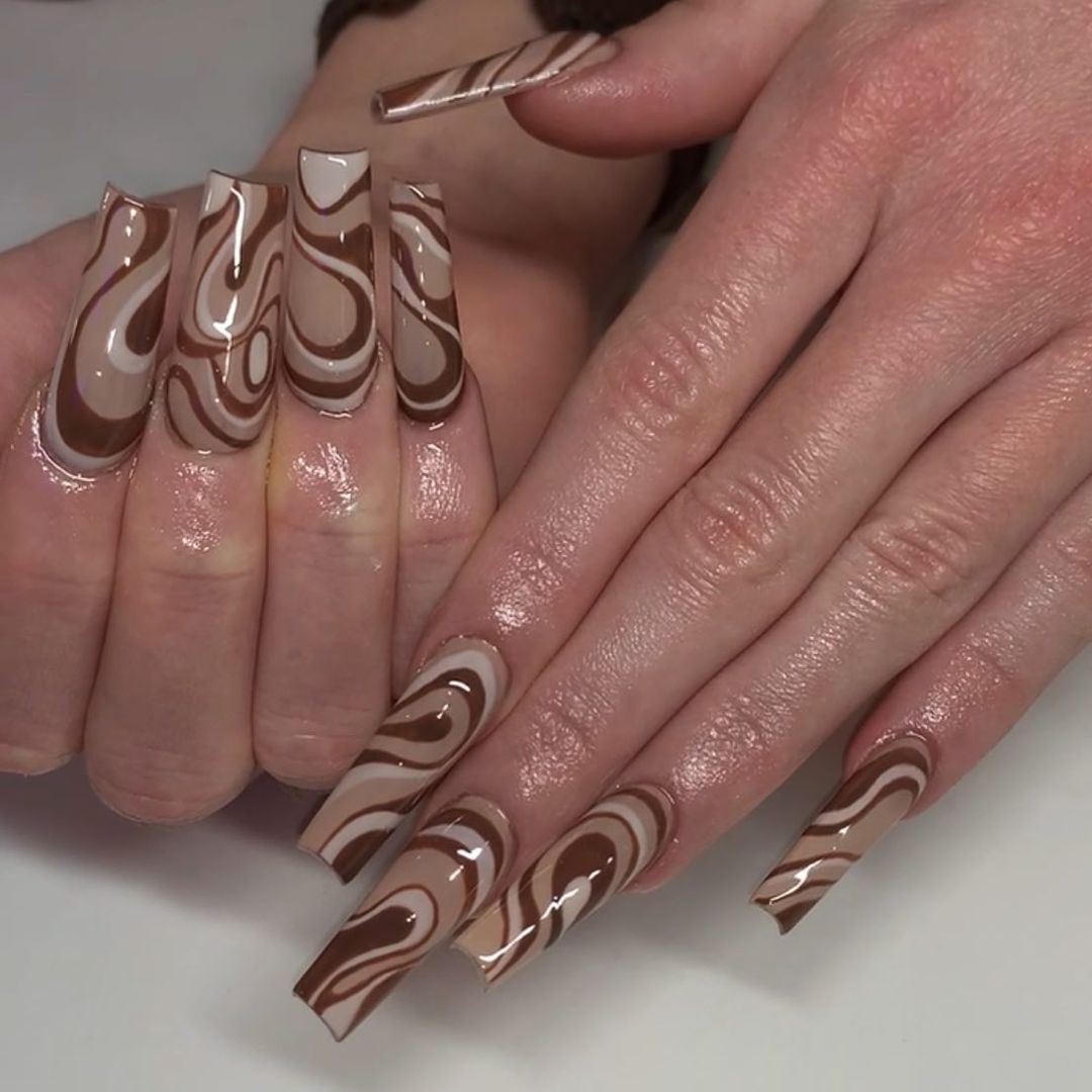 Brown Swirl Acrylic Nails