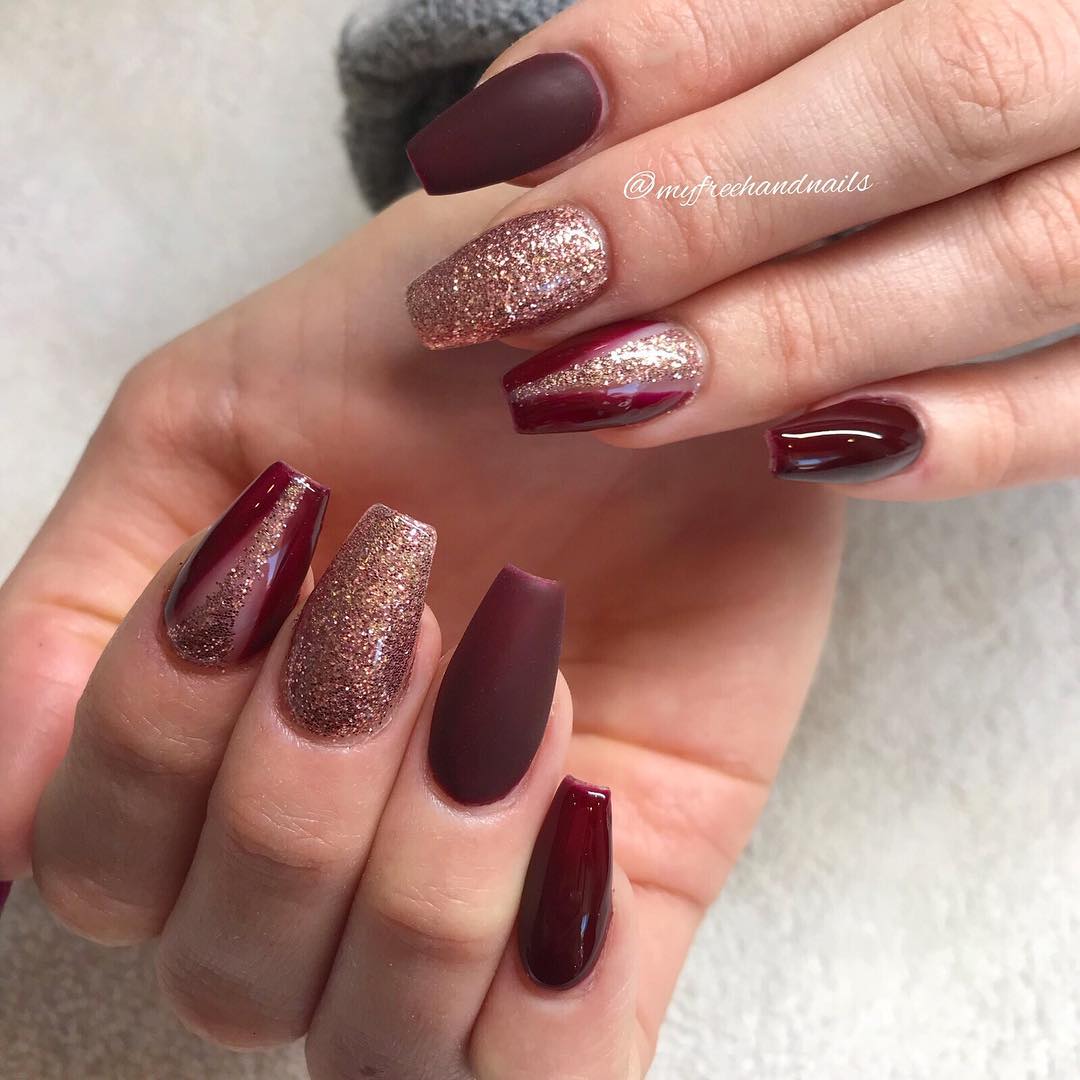 Burgundy and Rose Gold Nails