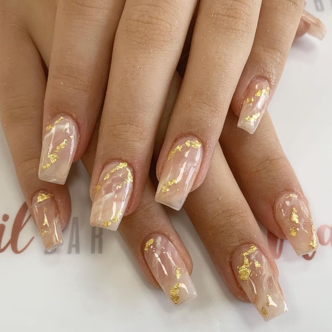 Clear Acrylic Nails With Gold Flakes