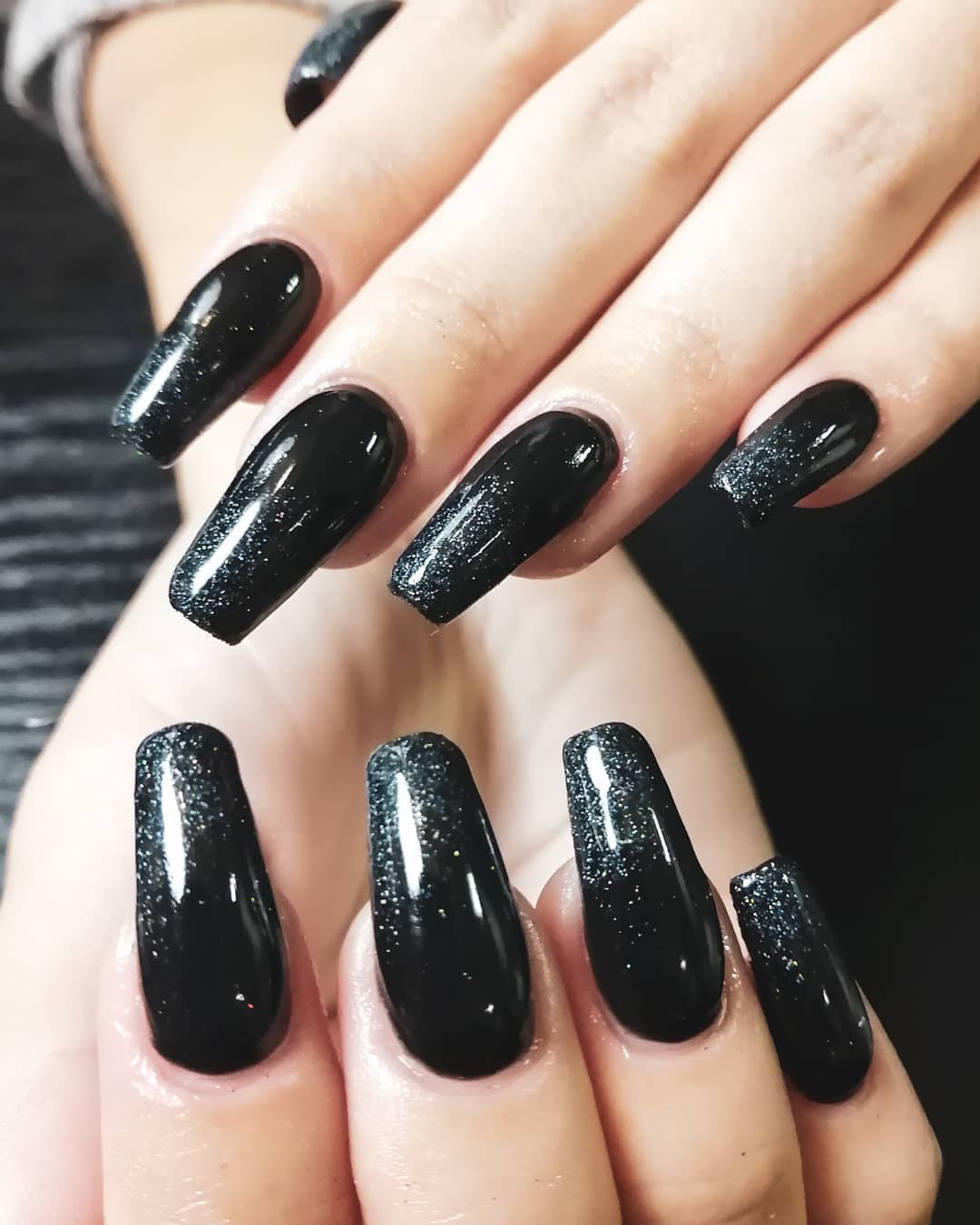 Coffin Black Glitter Nails