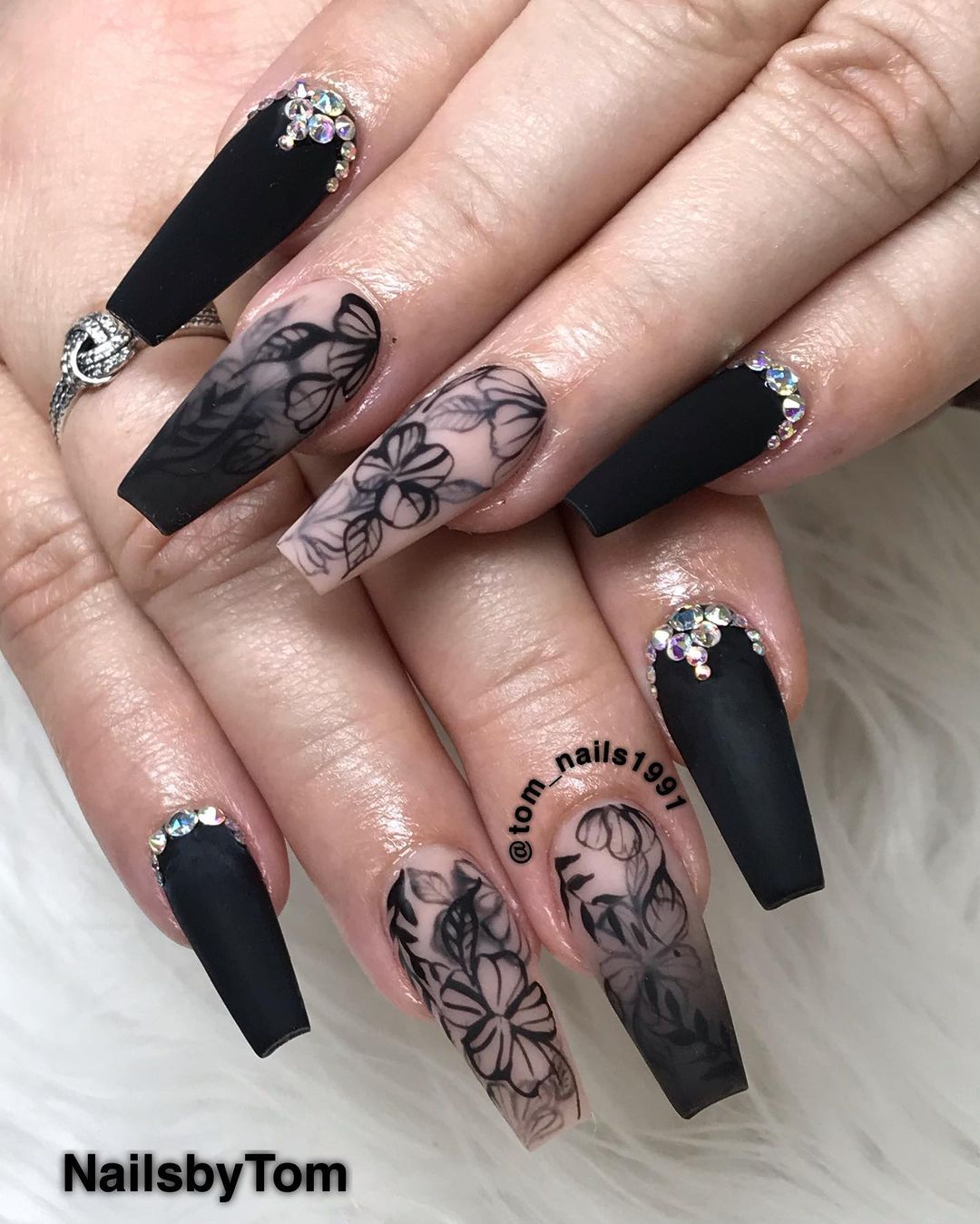 Coffin Black Nails With Flowers