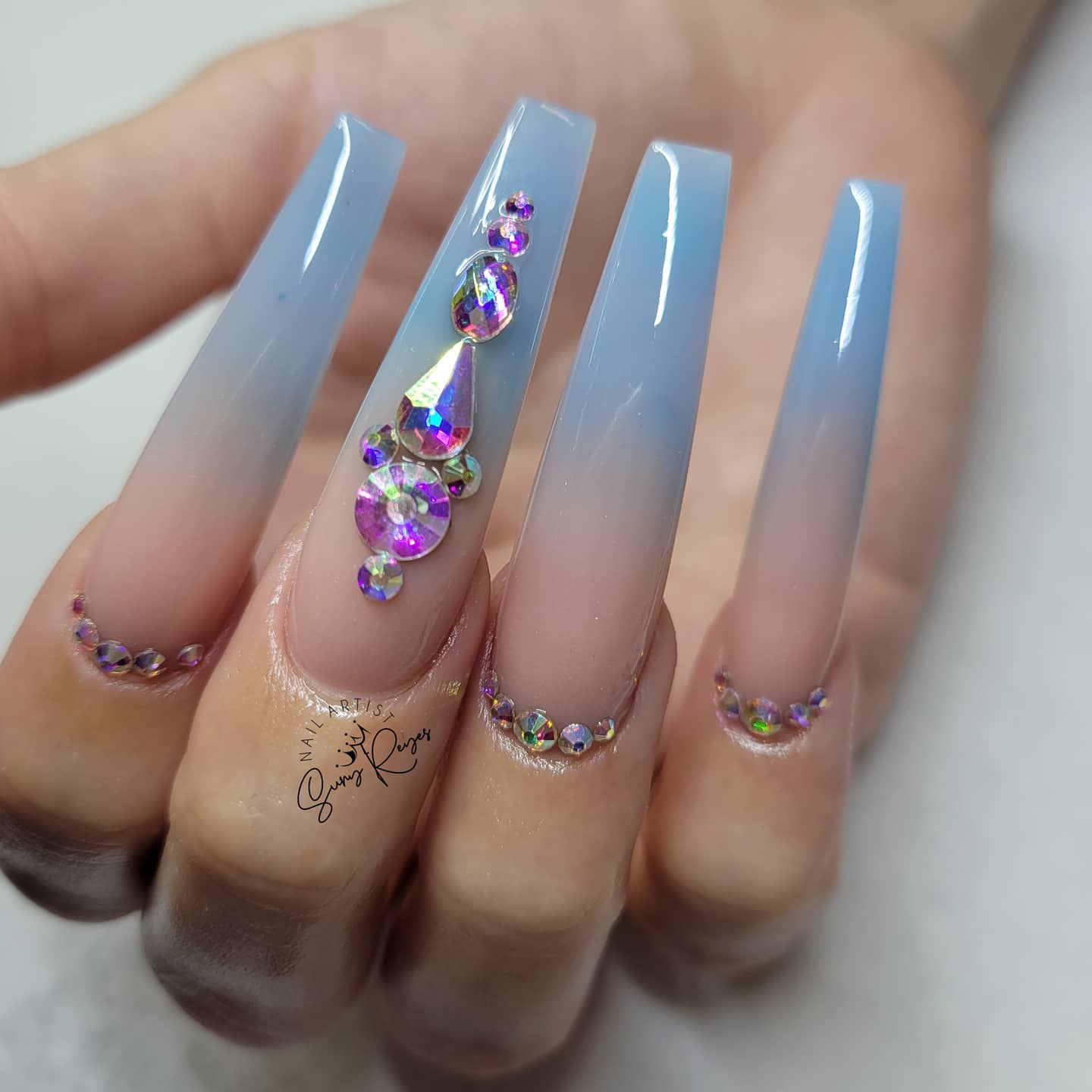 Coffin Blue Ombre Nails