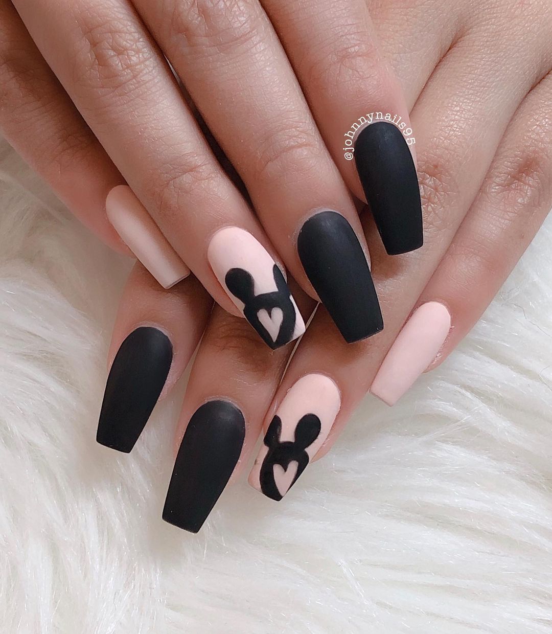 Coffin Matte Black and Pink Nails