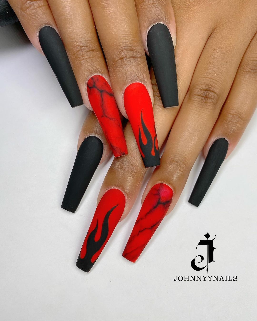 Coffin Red and Black Nails