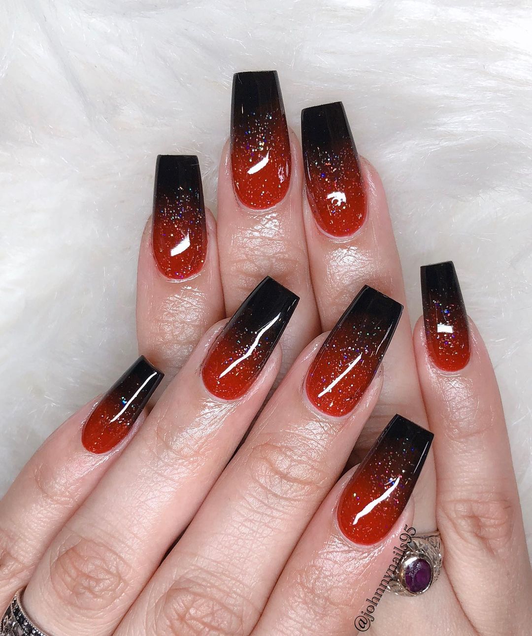 Coffin Red and Black Ombre Nails