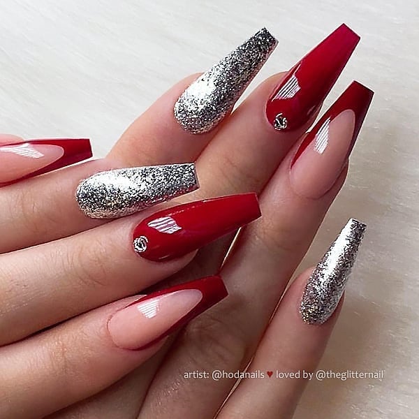 Coffin Red And Silver Nails