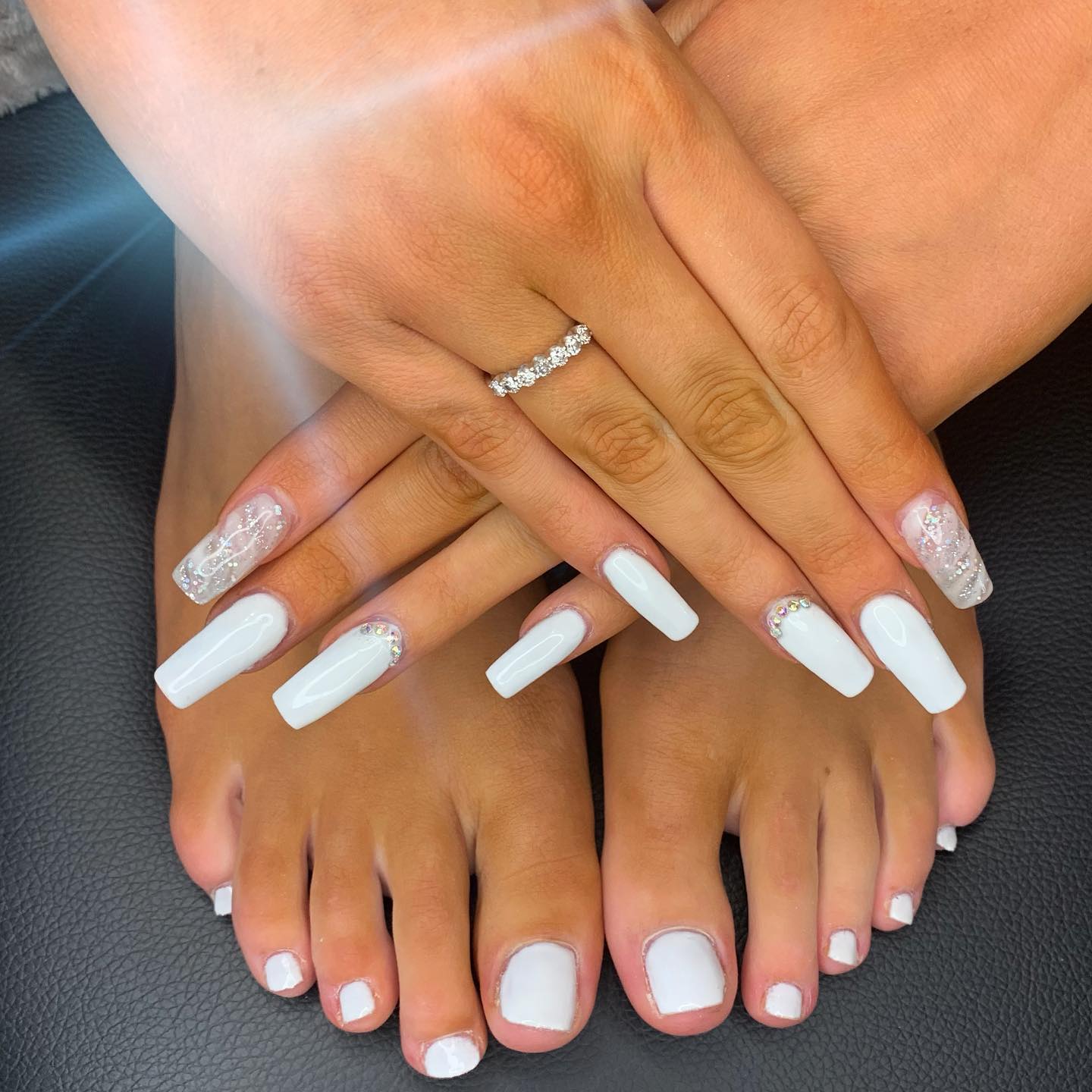 Coffin White Nails and Toes