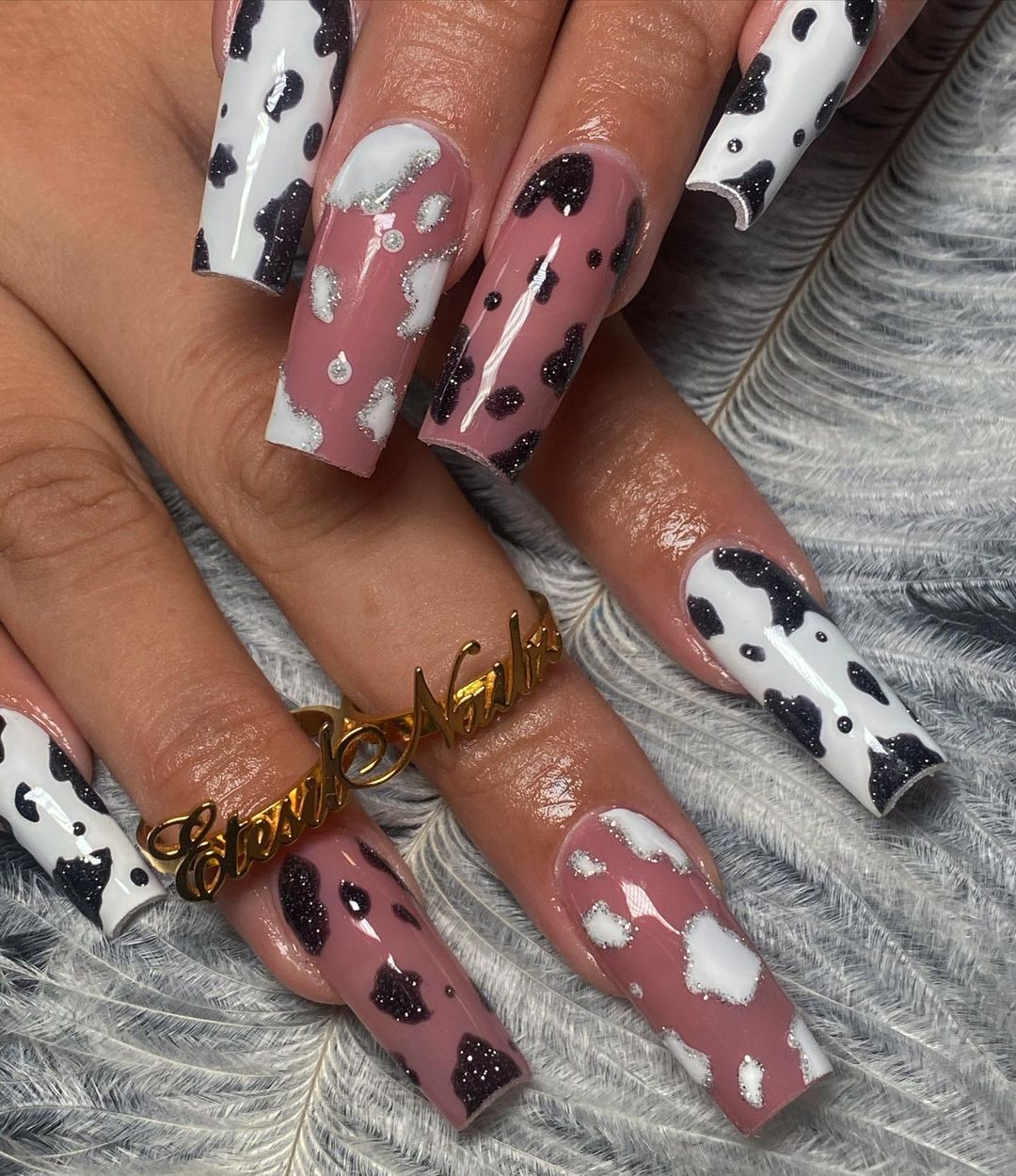 Cow Print Nails With Glitter