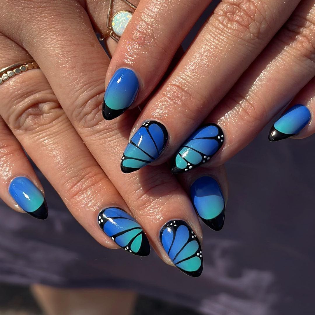 Dark Blue Butterfly Nails