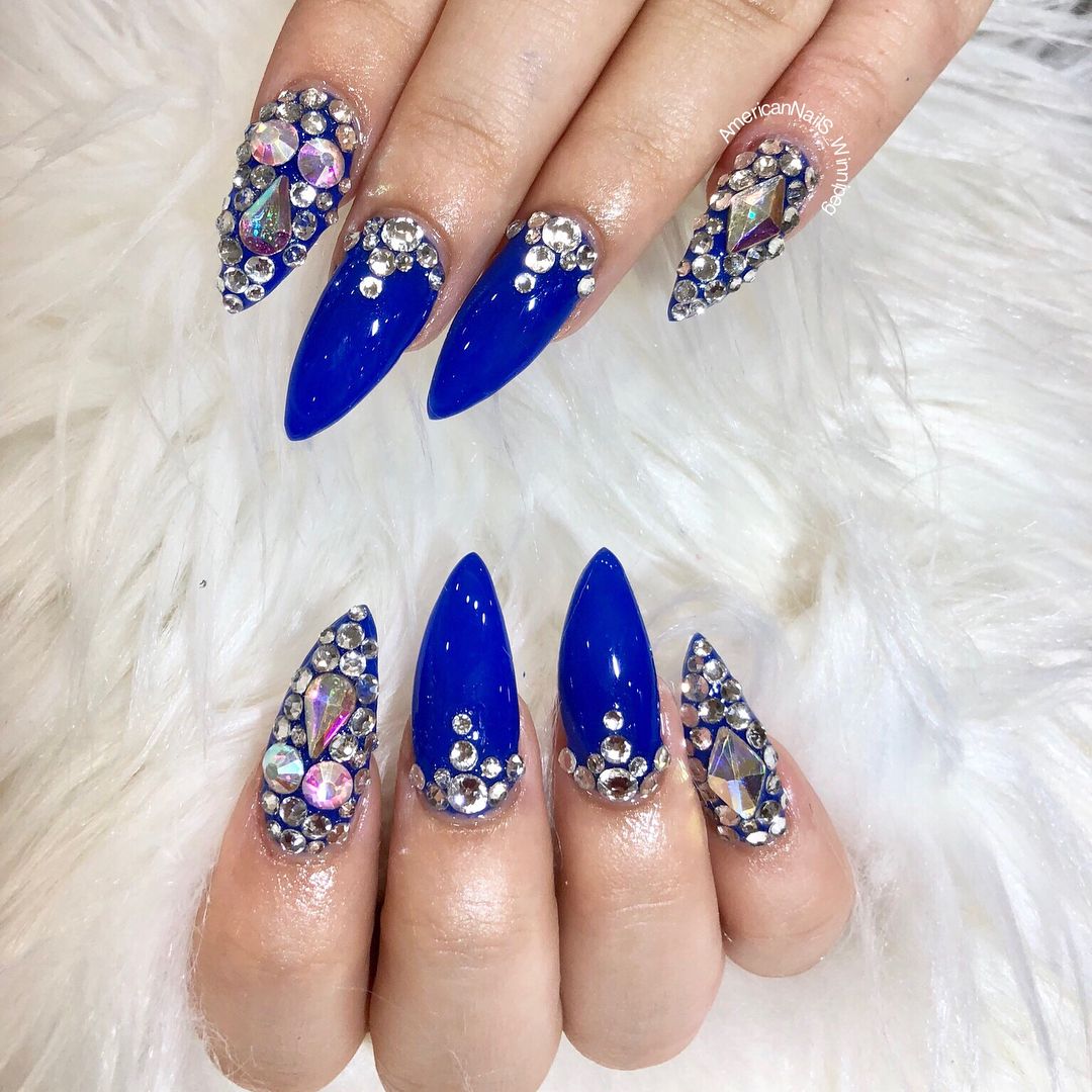 Dark Blue Nails With Diamonds