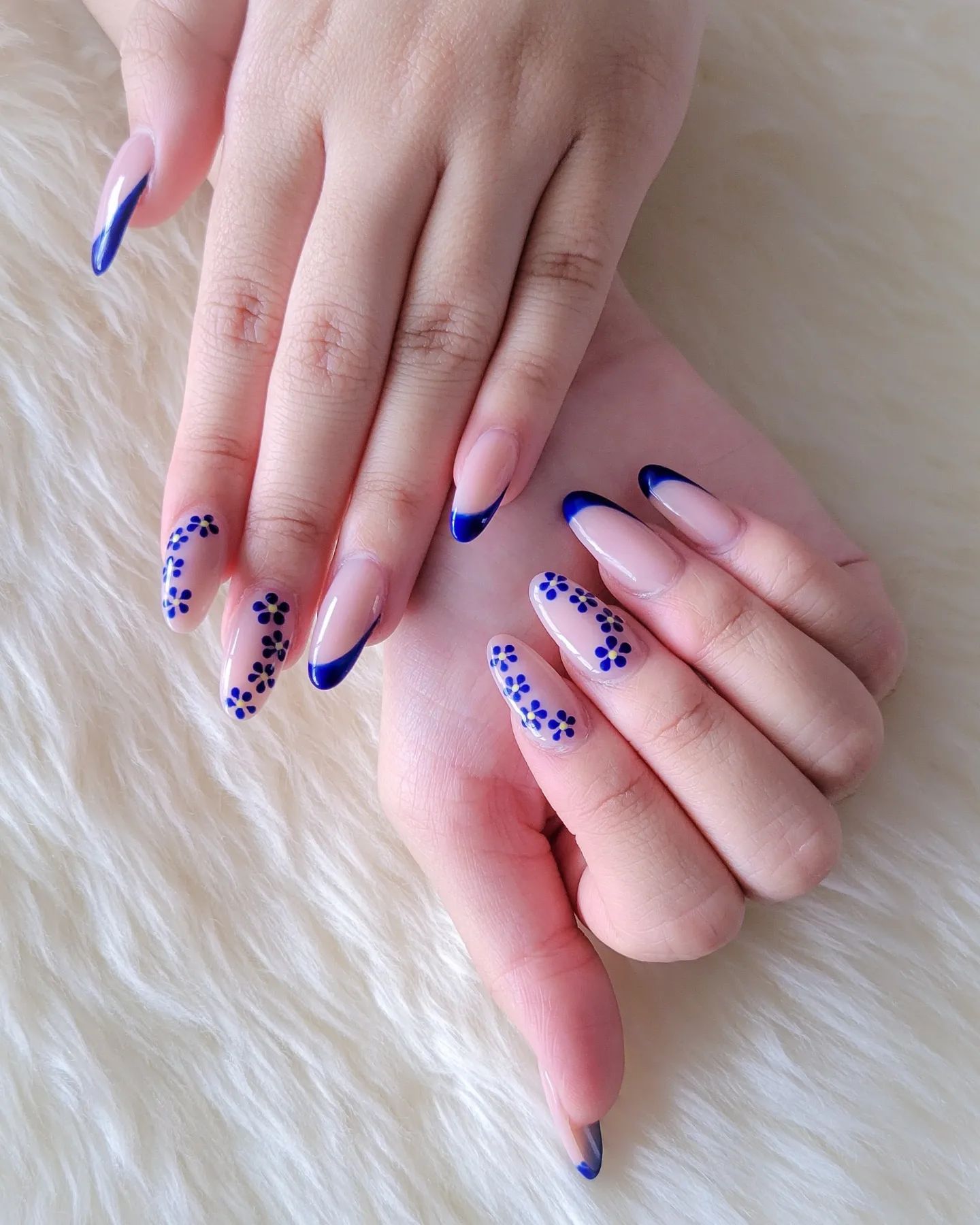 Dark Blue Nails With Flowers