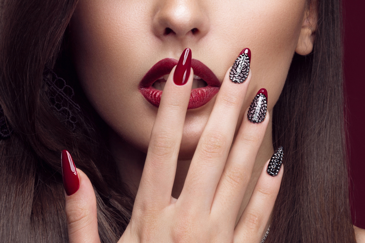 Dark Red and Silver Nails