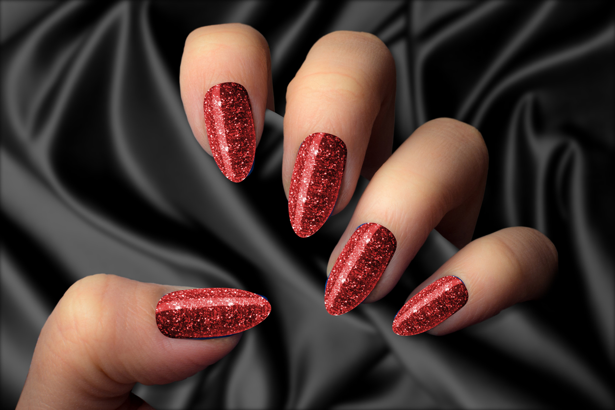 Dark Red Glitter Nails