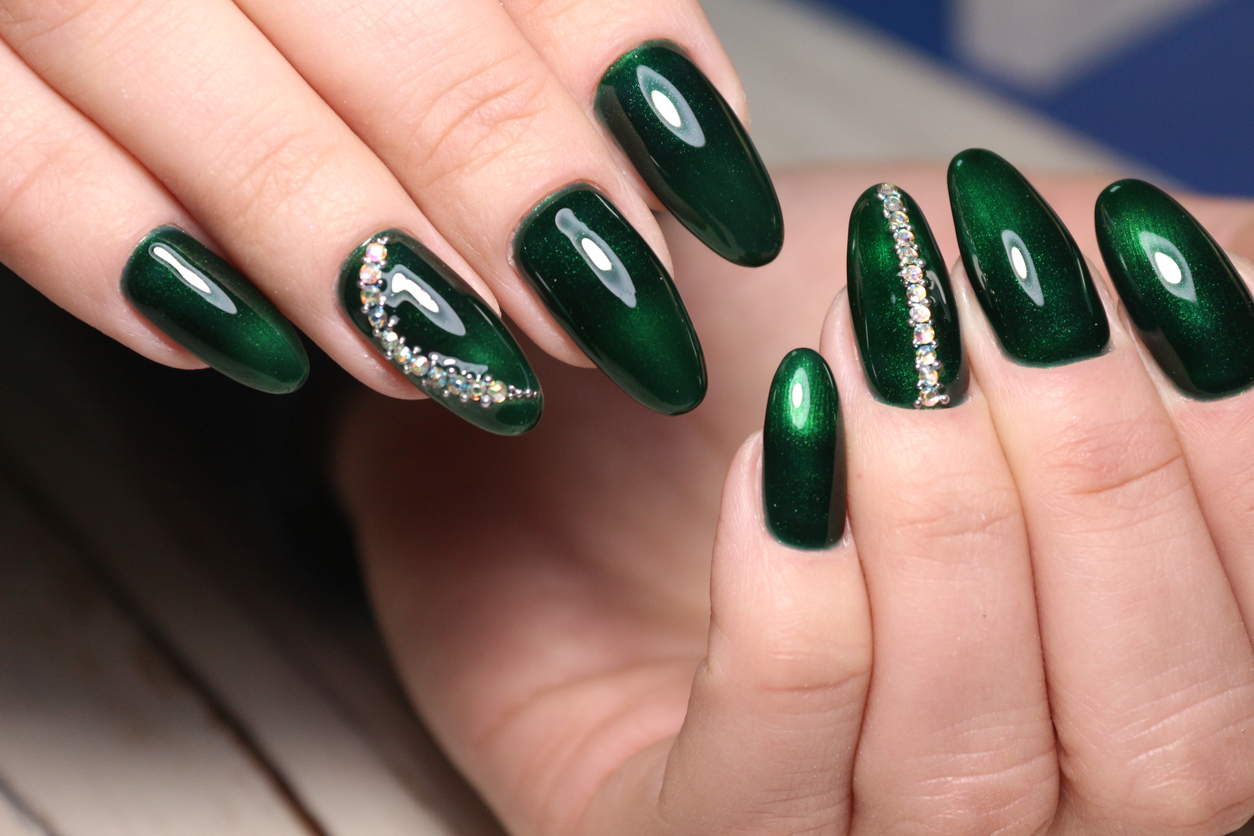 Emerald Green Nails With Rhinestones