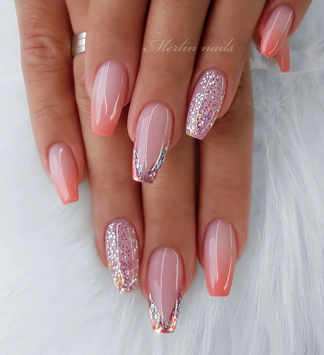 French Ombre Nails with Gold Glitter