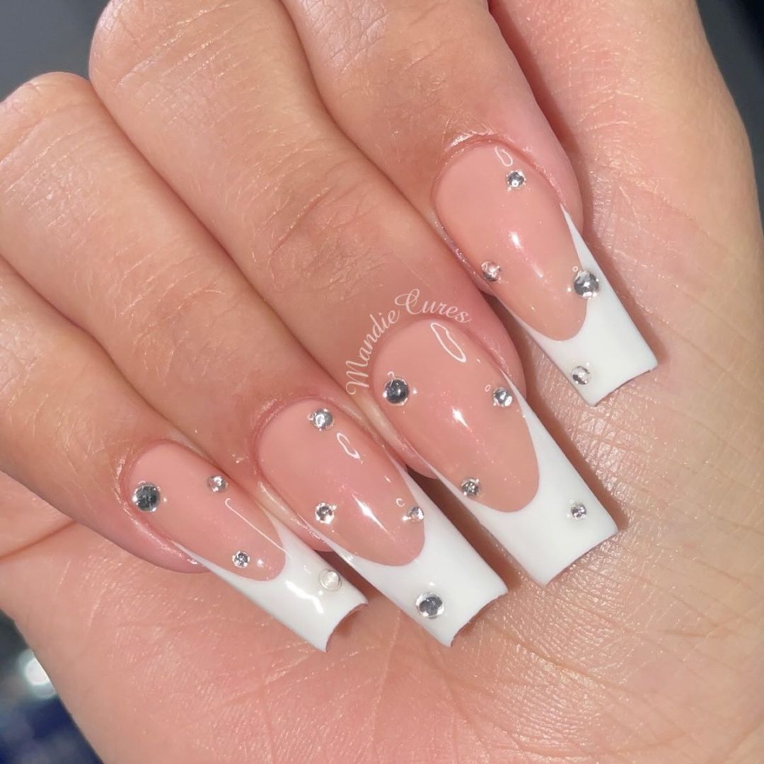 French Tip Acrylic Nails with Rhinestones