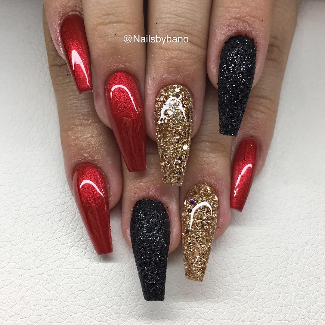 Glitter Red and Black Coffin Nails