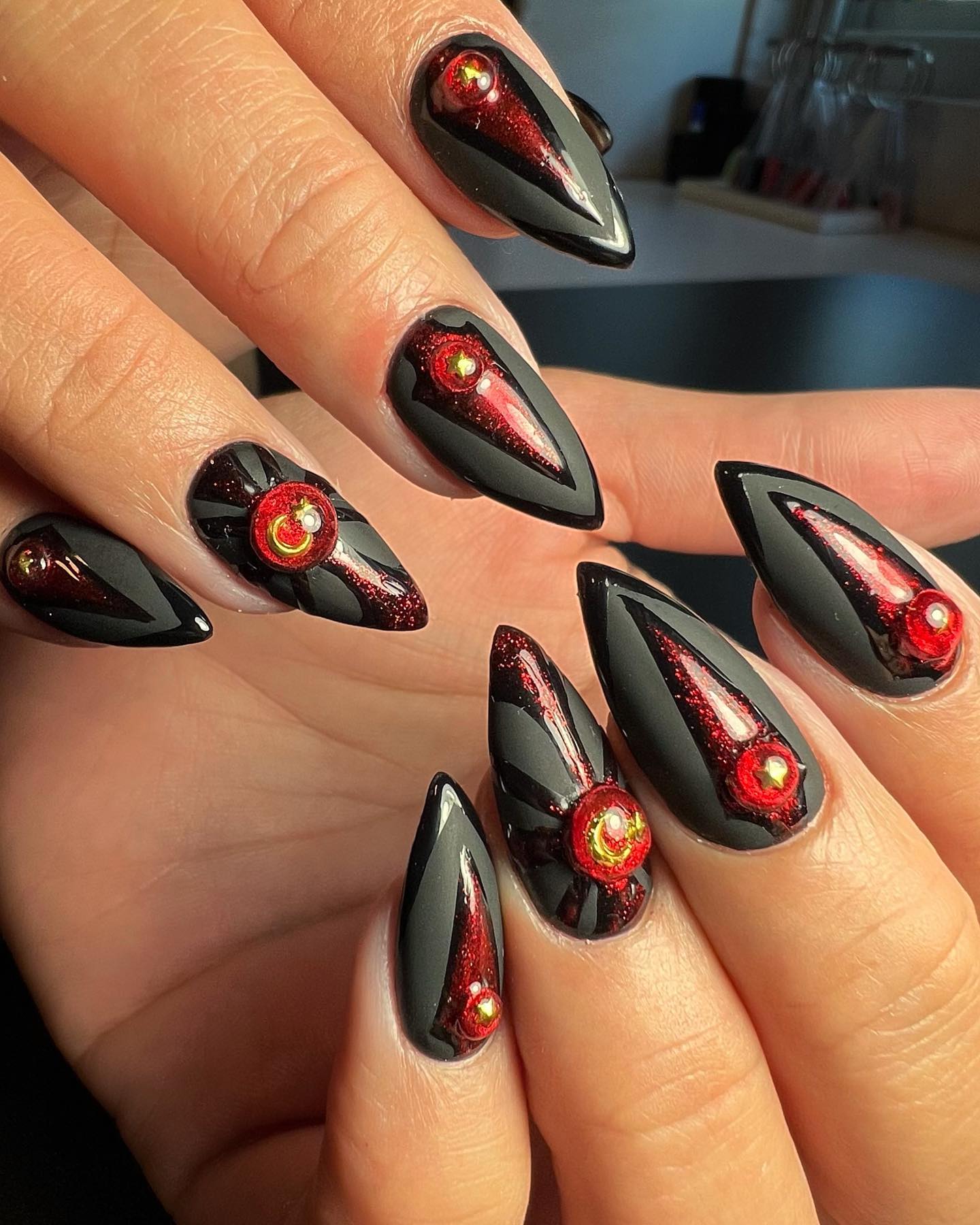 Glitter Red and Black Nails