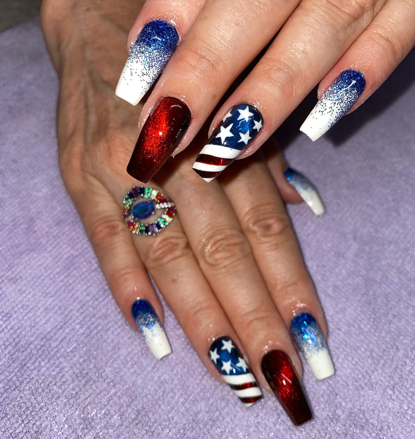 Glitter Red White and Blue Nails