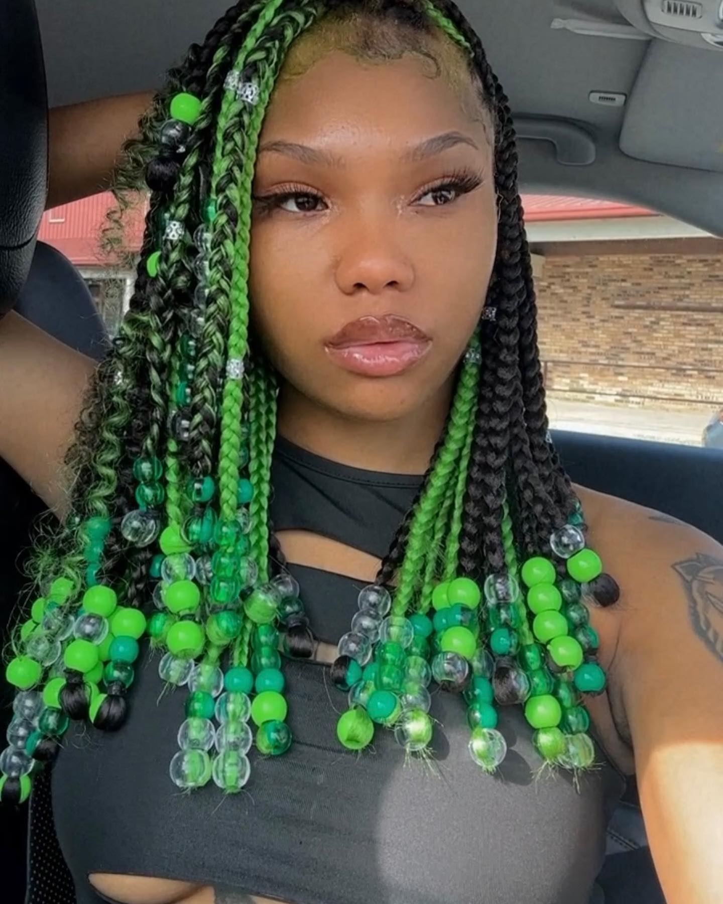 Green and Black Box Braids with Beads