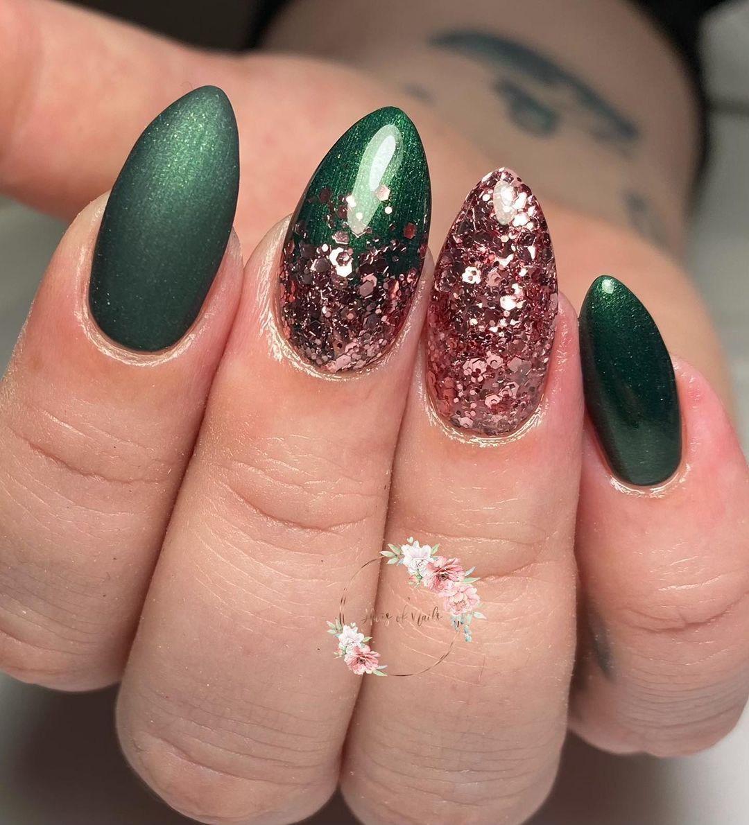 Green and Rose Gold Nails