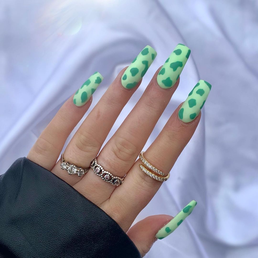 Green Cow Print Nails