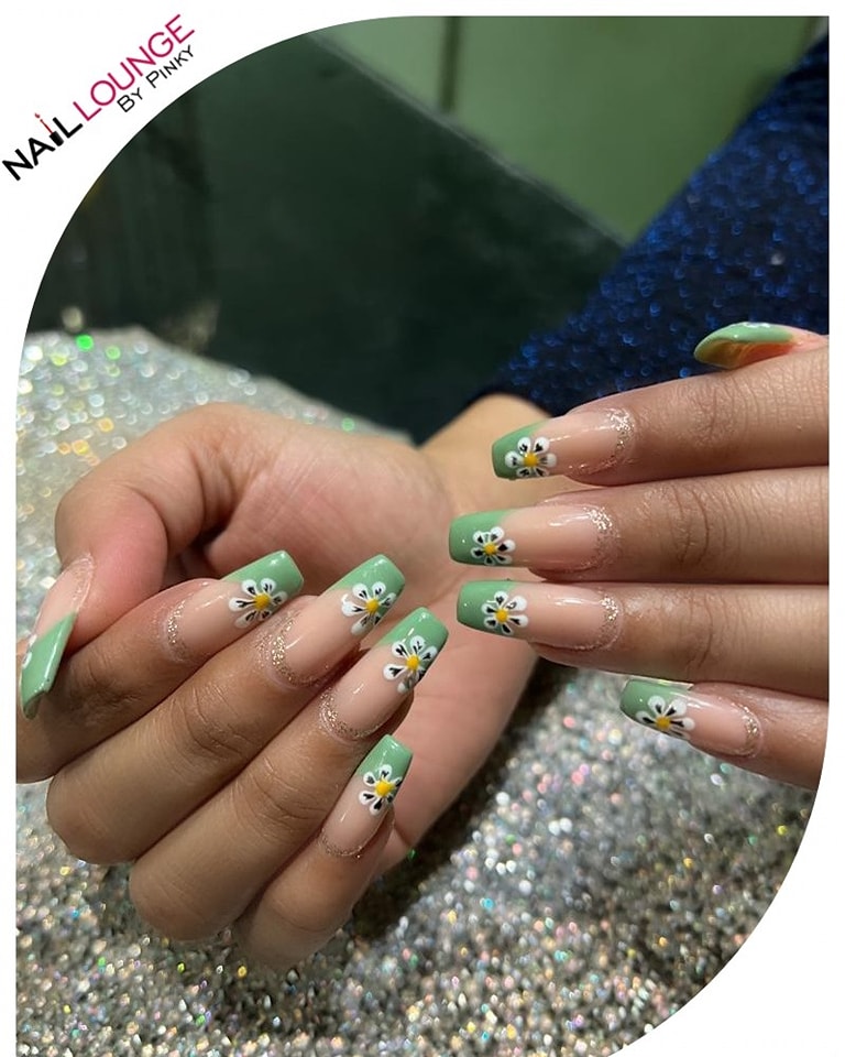 Green French Tips with Floral Accents