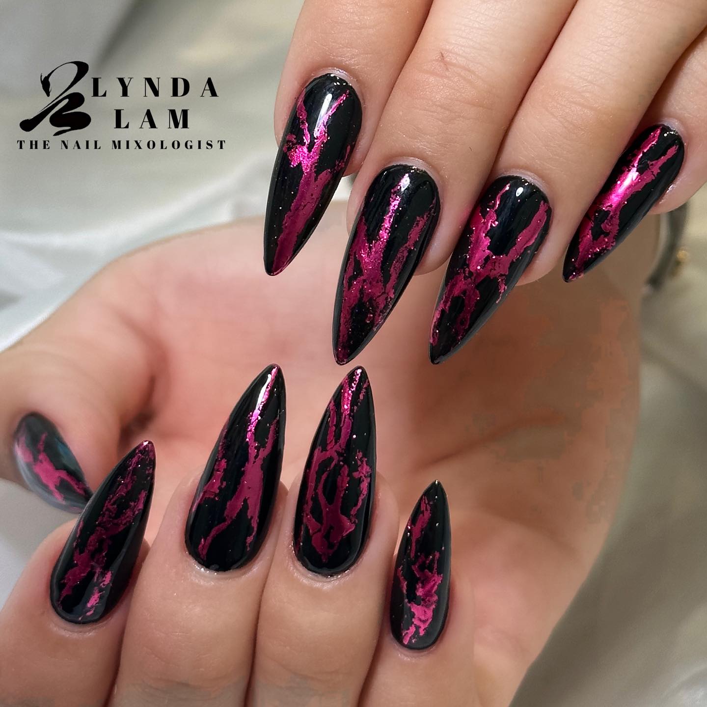 Hot Pink Marble Nails With Black Veins