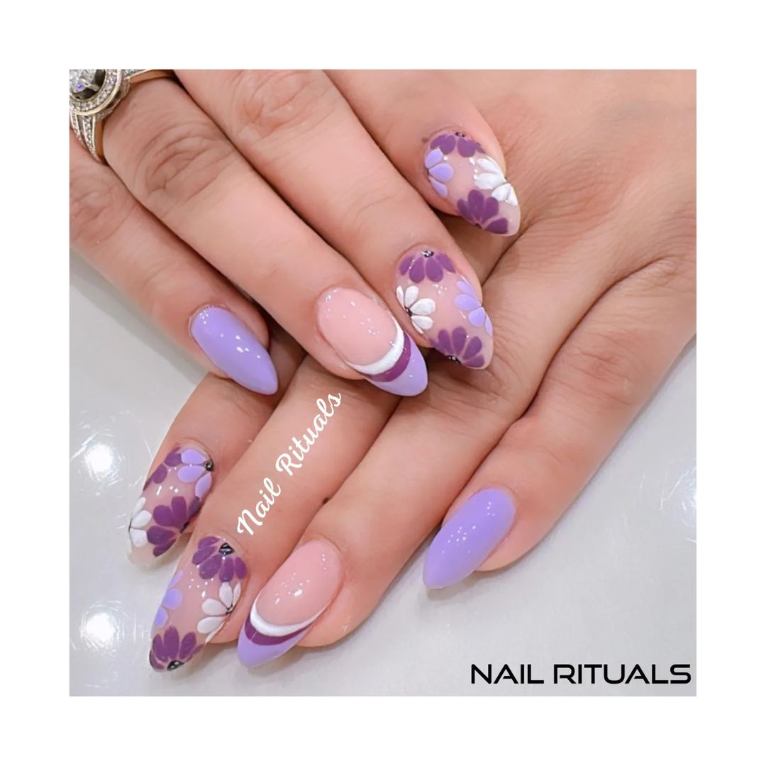 Lavender Nails With Flowers