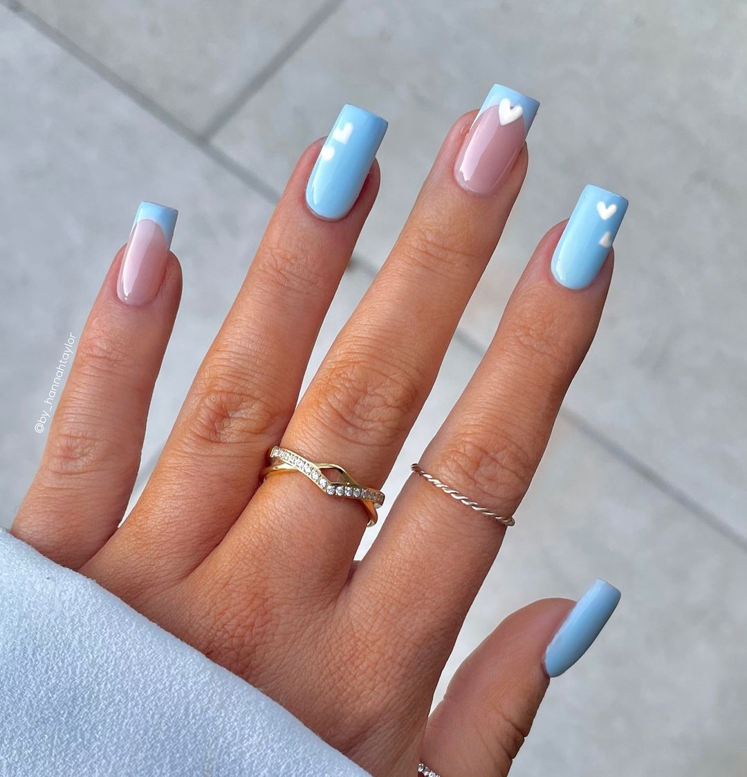 Light Blue Nails With Hearts
