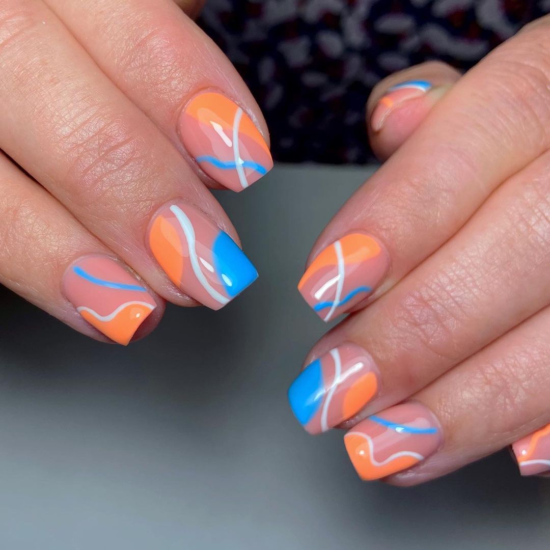 Light Orange and Blue Nails