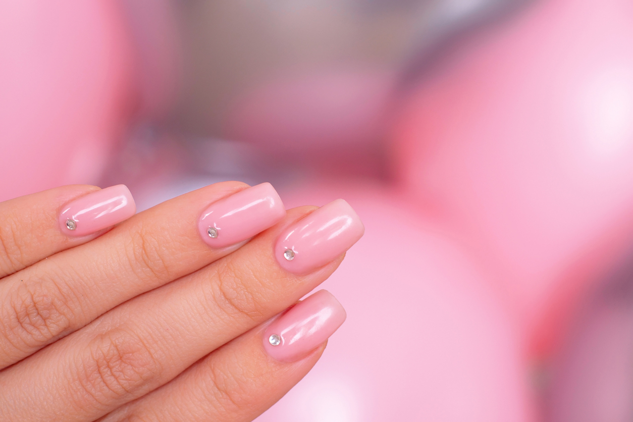 Light Pink Nails With Rhinestone Accents