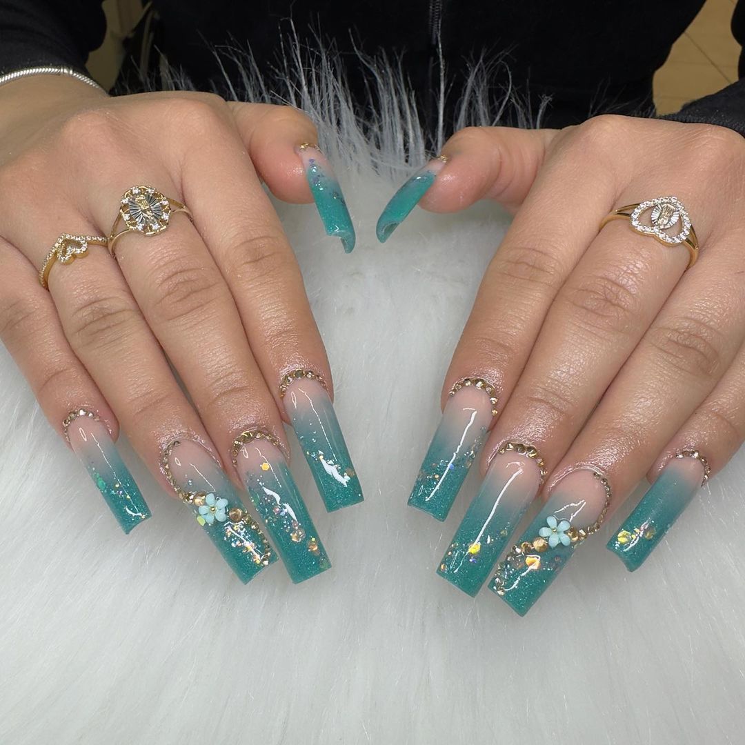 Long Square Nails With Diamonds