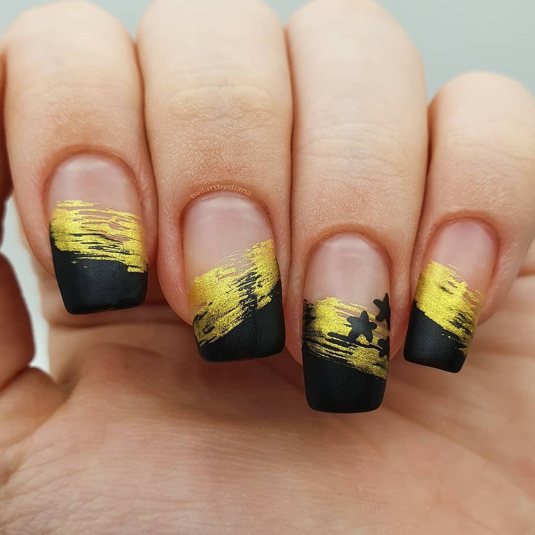 Matte Black And Gold Acrylic Nails