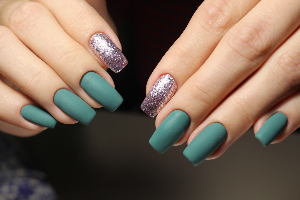 Matte Green Nails with Glitter