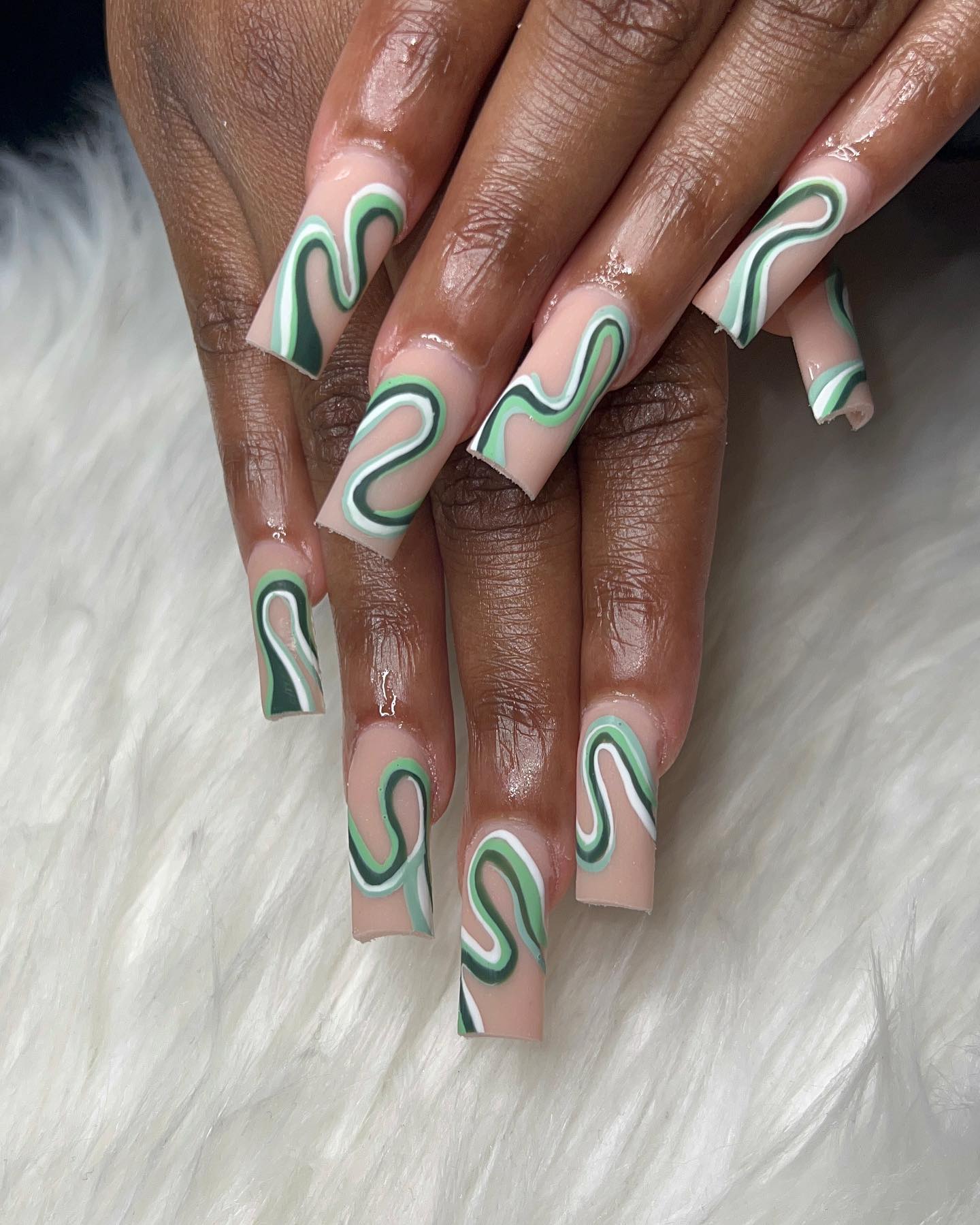 Matte Olive Green And White Nails